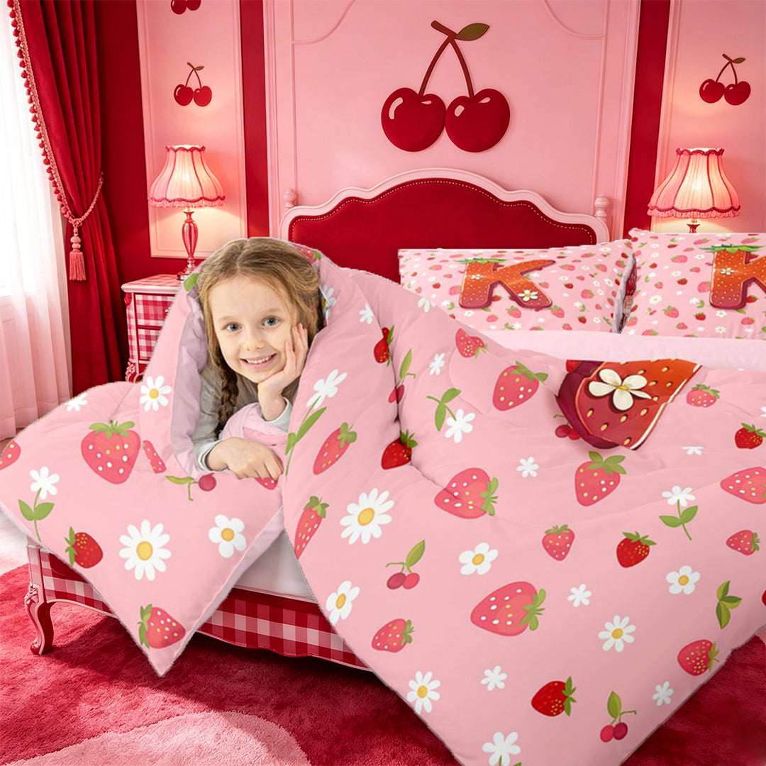 meiyoeat Cute Strawberry Daisy 7 Pieces Full Size Bedding Sets,Kids Personalized Initial Alphabet K Full Size Bed in a Bag For Girl,Pink Reversible