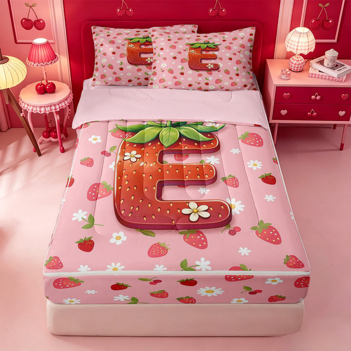 meiyoeat 3D Cartoon Monogram E Zipper Full Size Comforter Sets with Fitted Sheet and 2 PillowcasesPink Fruit Strawberry Zipper Bedding Set For Girl,Pink Reversible,4-Piece