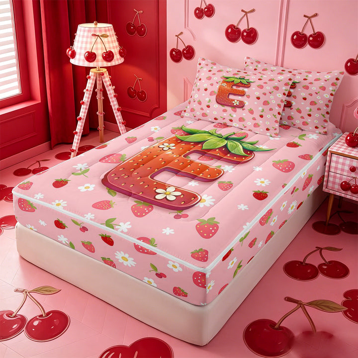 meiyoeat 3D Cartoon Monogram E Zipper Full Size Comforter Sets with Fitted Sheet and 2 PillowcasesPink Fruit Strawberry Zipper Bedding Set For Girl,Pink Reversible,4-Piece