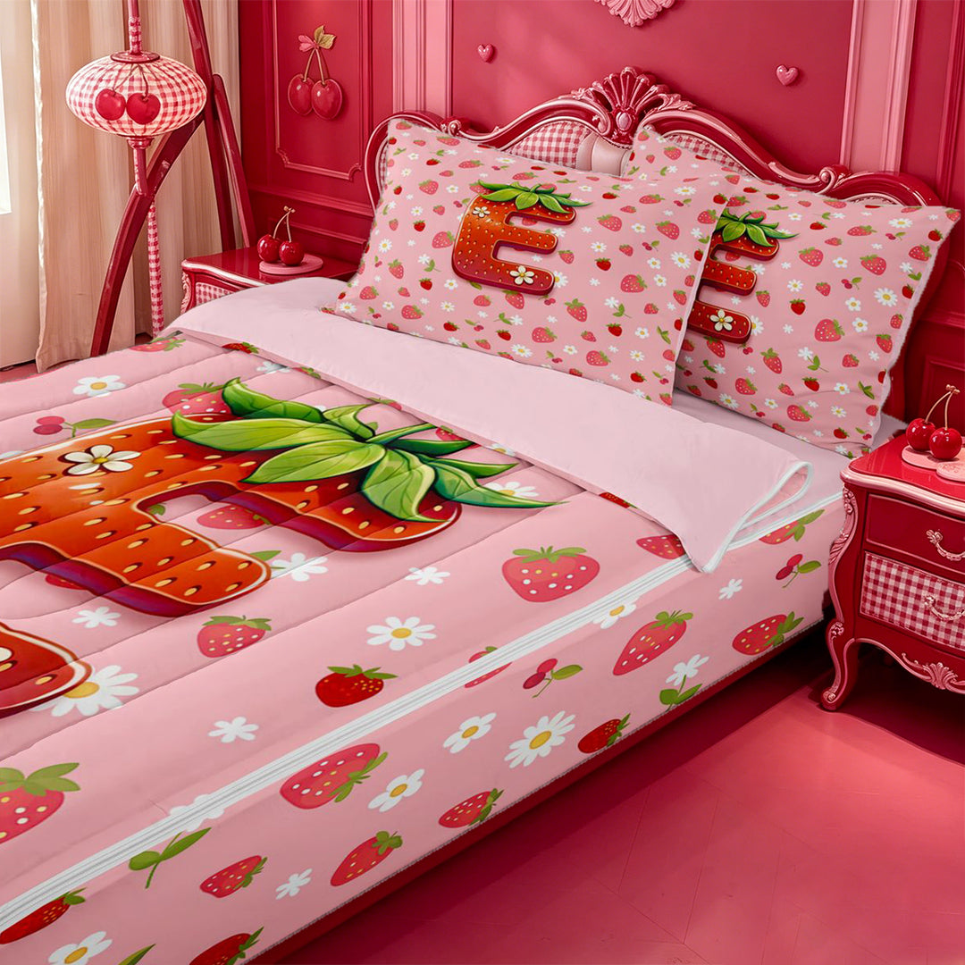 meiyoeat 3D Cartoon Monogram E Zipper Full Size Comforter Sets with Fitted Sheet and 2 PillowcasesPink Fruit Strawberry Zipper Bedding Set For Girl,Pink Reversible,4-Piece