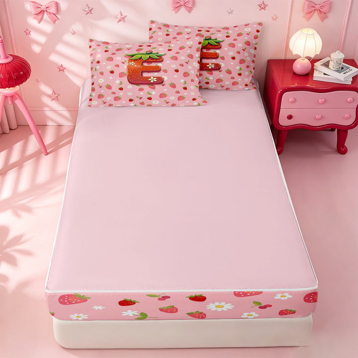 meiyoeat 3D Cartoon Monogram E Zipper Full Size Comforter Sets with Fitted Sheet and 2 PillowcasesPink Fruit Strawberry Zipper Bedding Set For Girl,Pink Reversible,4-Piece