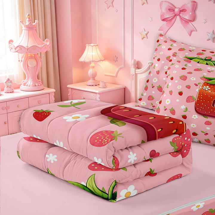 meiyoeat 3D Cartoon Monogram E Zipper Full Size Comforter Sets with Fitted Sheet and 2 PillowcasesPink Fruit Strawberry Zipper Bedding Set For Girl,Pink Reversible,4-Piece