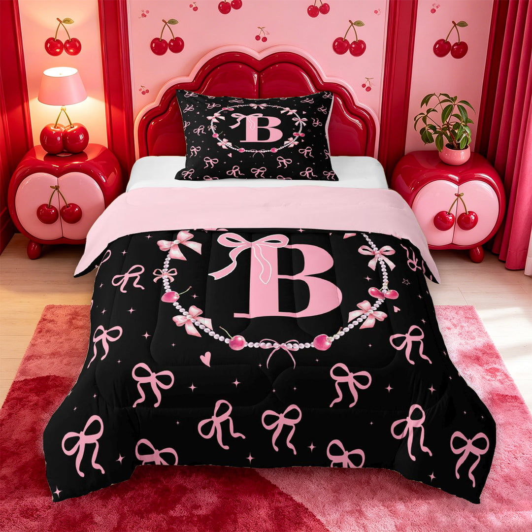 meiyoeat Ribbon Bow Pearl Full Size Comforter Sets,Pink Monogrammed B Bedding Comforter Set For Girl,Pink Reversible,3 Pieces,1 Comforter and 2 Pillowcases