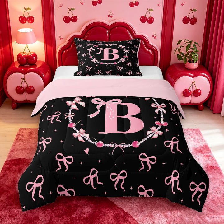 meiyoeat Ribbon Bow Pearl Full Size Comforter Sets,Pink Monogrammed B Bedding Comforter Set For Girl,Pink Reversible,3 Pieces,1 Comforter and 2 Pillowcases