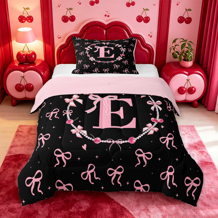 meiyoeat Pink Personalized Initial E Full Size Comforter Sets,Princess Bow Bedding Comforter Set For Girl,Pink Reversible,3 Pieces,1 Comforter and 2 Pillowcases