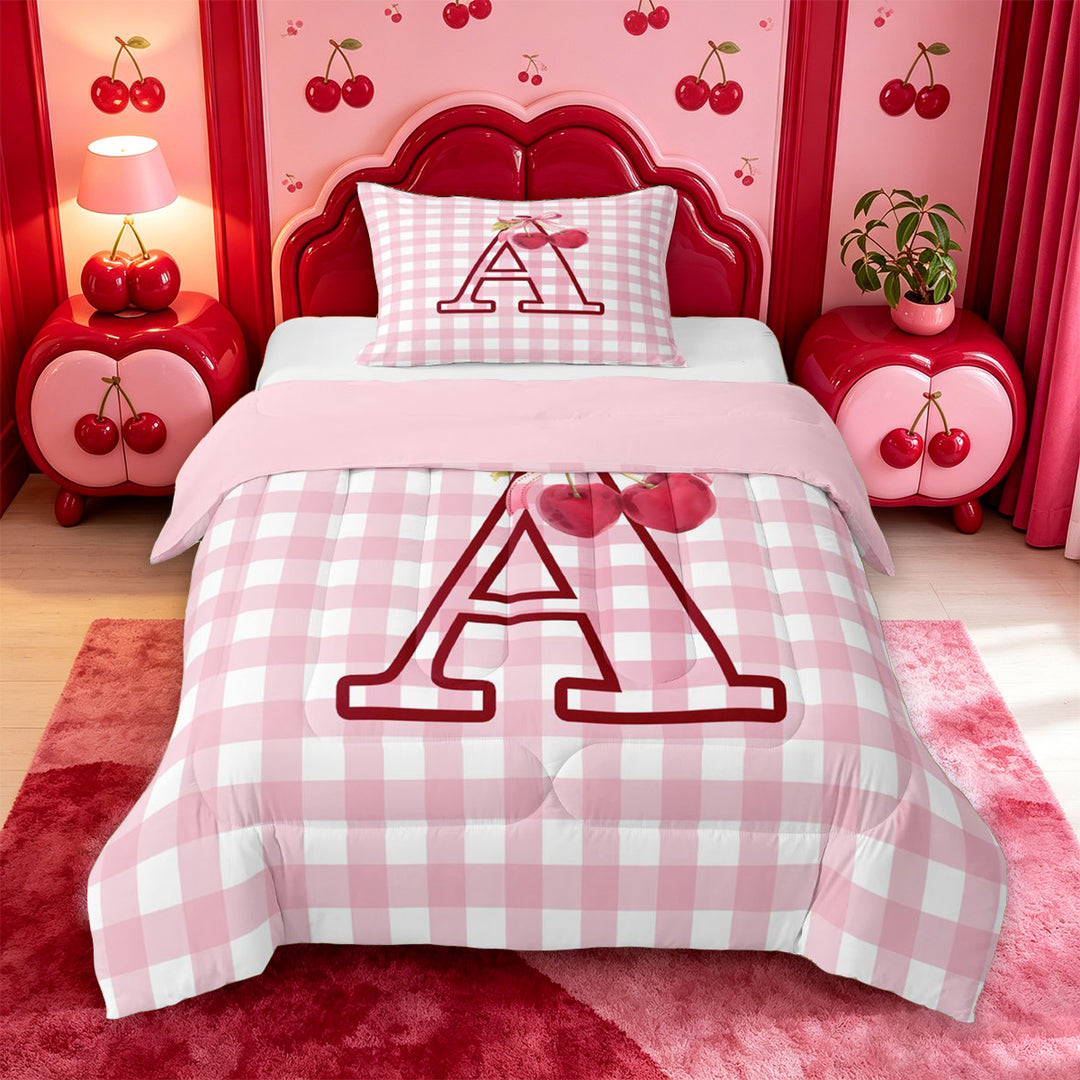 meiyoeat Pink Bow Cherry Monogram A Full Size Comforter Sets,Classic Geometric Checkered Bedding Comforter Set For Girl,Pink Reversible,3pcs,1 Comforter and 2 Pillowcases