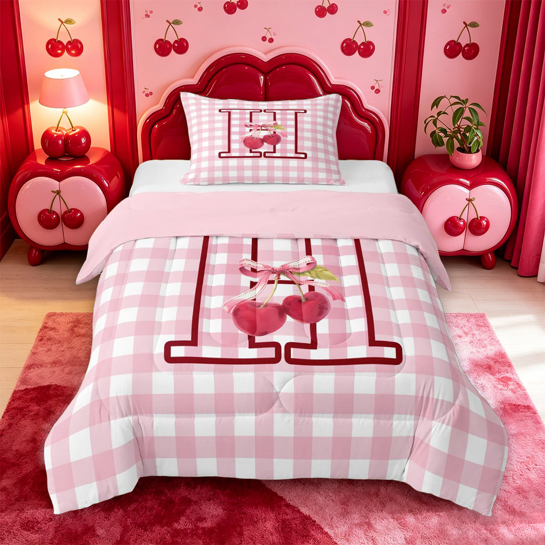 meiyoeat Girls Personalized Initial Gifts Full Size Comforter Sets,Pink Checkered Initial Art Bedding Comforter Set For Girl,Pink Reversible,3 Pieces,1 Comforter and 2 Pillowcases