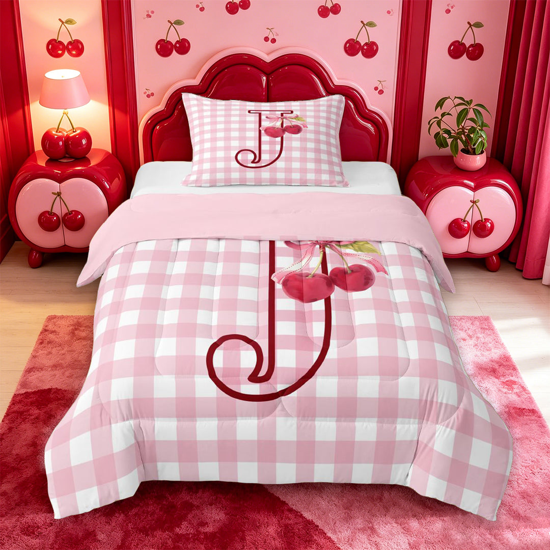 meiyoeat Ribbon Bow Monogram J Full Size Comforter Sets,Pink Cherry Initial Art Bedding Comforter Set For Girl,Pink Reversible,3pcs,1 Comforter and 2 Pillowcases