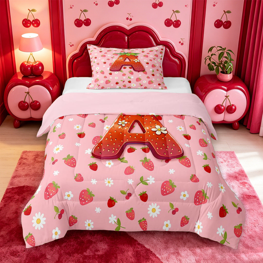 meiyoeat Strawberry Floral Monogram A Full Size Comforter Sets,3D Cartoon Cute Fruit Bedding Comforter Set For Girl,Pink Reversible,3pcs,1 Comforter and 2 Pillowcases