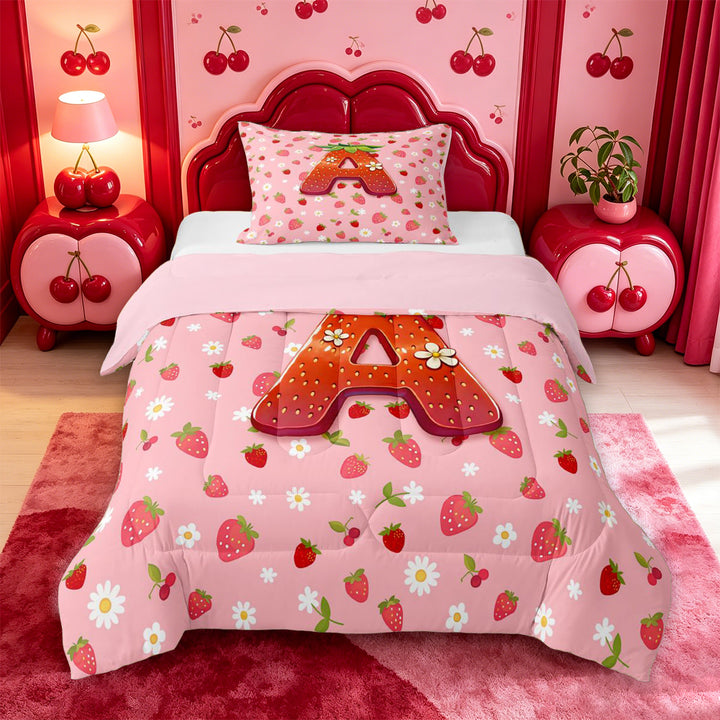 meiyoeat Strawberry Floral Monogram A Full Size Comforter Sets,3D Cartoon Cute Fruit Bedding Comforter Set For Girl,Pink Reversible,3pcs,1 Comforter and 2 Pillowcases