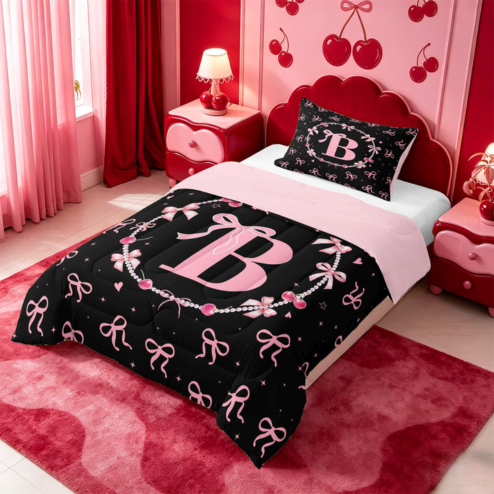 meiyoeat Ribbon Bow Pearl Full Size Comforter Sets,Pink Monogrammed B Bedding Comforter Set For Girl,Pink Reversible,3 Pieces,1 Comforter and 2 Pillowcases