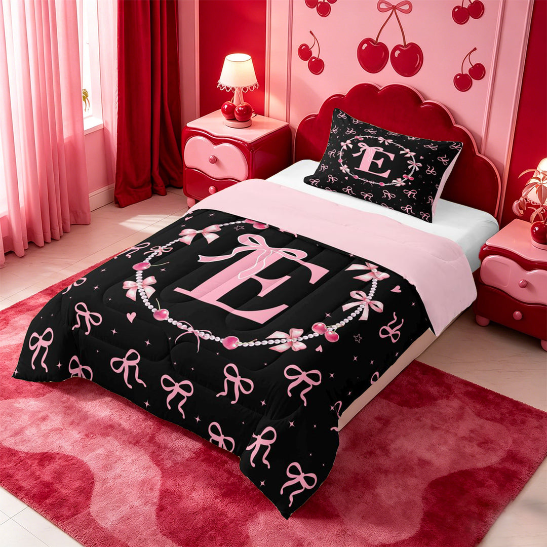 meiyoeat Pink Personalized Initial E Full Size Comforter Sets,Princess Bow Bedding Comforter Set For Girl,Pink Reversible,3 Pieces,1 Comforter and 2 Pillowcases