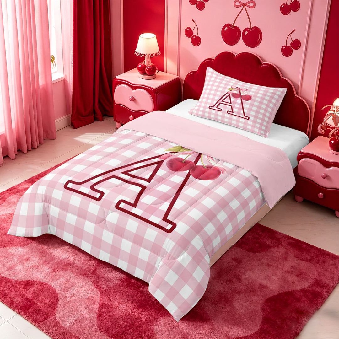 meiyoeat Pink Bow Cherry Monogram A Full Size Comforter Sets,Classic Geometric Checkered Bedding Comforter Set For Girl,Pink Reversible,3pcs,1 Comforter and 2 Pillowcases