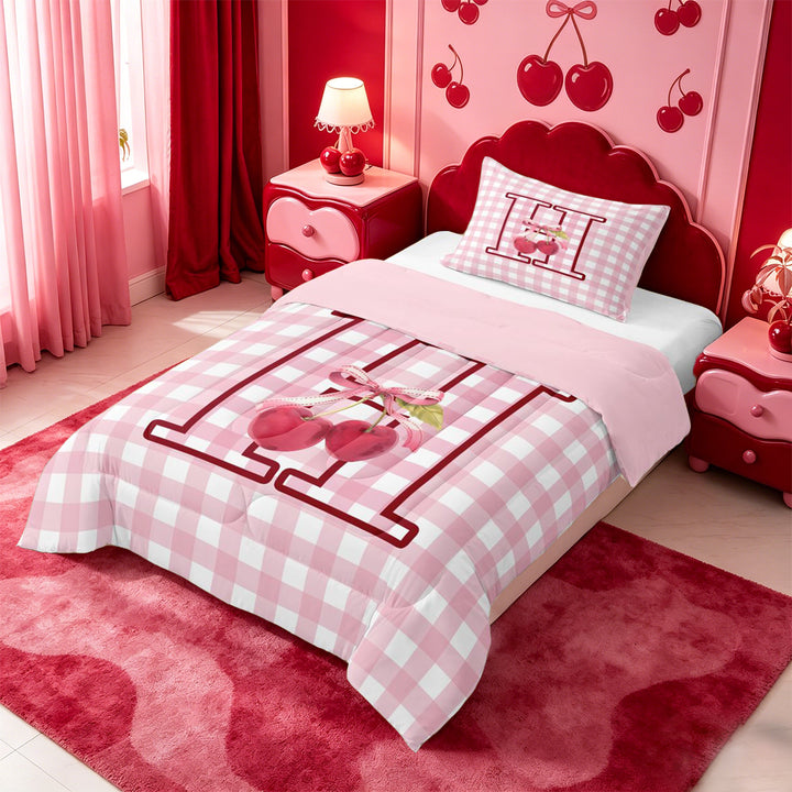 meiyoeat Girls Personalized Initial Gifts Full Size Comforter Sets,Pink Checkered Initial Art Bedding Comforter Set For Girl,Pink Reversible,3 Pieces,1 Comforter and 2 Pillowcases