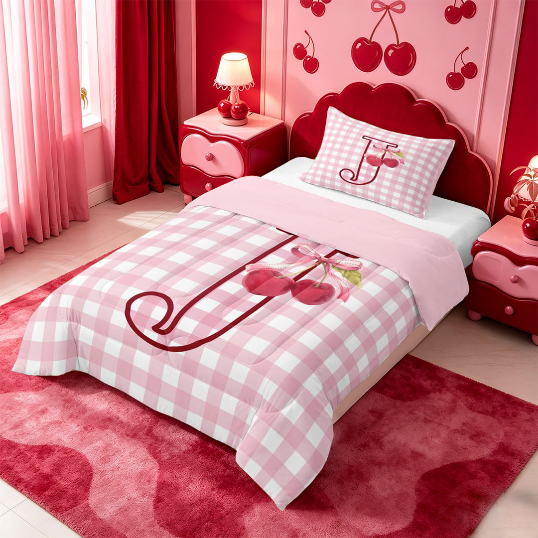 meiyoeat Ribbon Bow Monogram J Full Size Comforter Sets,Pink Cherry Initial Art Bedding Comforter Set For Girl,Pink Reversible,3pcs,1 Comforter and 2 Pillowcases