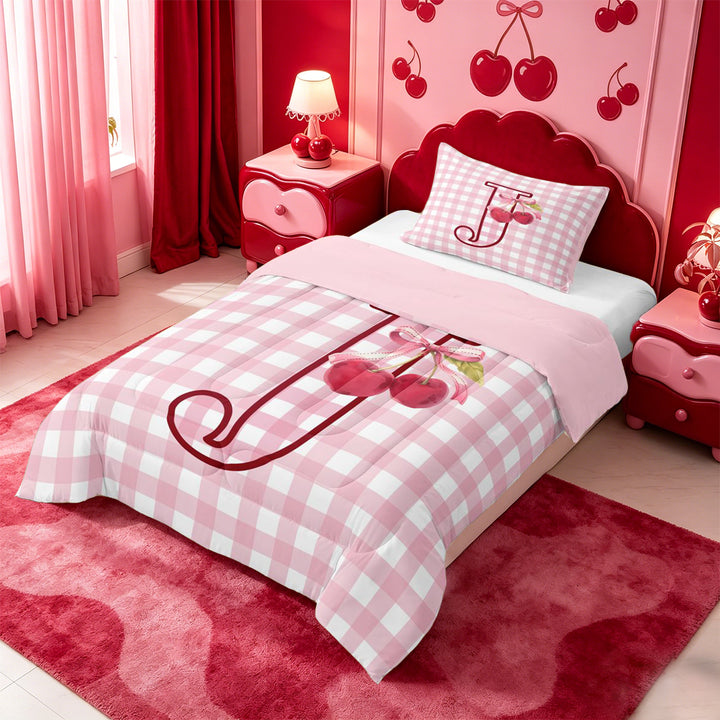 meiyoeat Ribbon Bow Monogram J Full Size Comforter Sets,Pink Cherry Initial Art Bedding Comforter Set For Girl,Pink Reversible,3pcs,1 Comforter and 2 Pillowcases