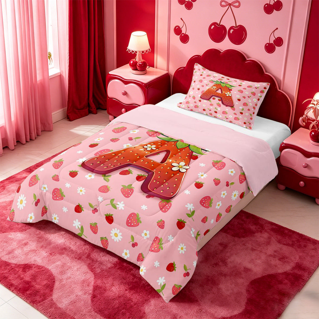 meiyoeat Strawberry Floral Monogram A Full Size Comforter Sets,3D Cartoon Cute Fruit Bedding Comforter Set For Girl,Pink Reversible,3pcs,1 Comforter and 2 Pillowcases