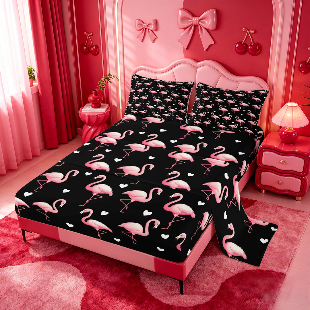 meiyoeat Pink Wild Flamingo Bed Sheets,Tropical Animal Theme Full Size Sheets For Girl,4pcs,1 Flat Sheet,1 Fitted Sheet and 2 Pillowcases