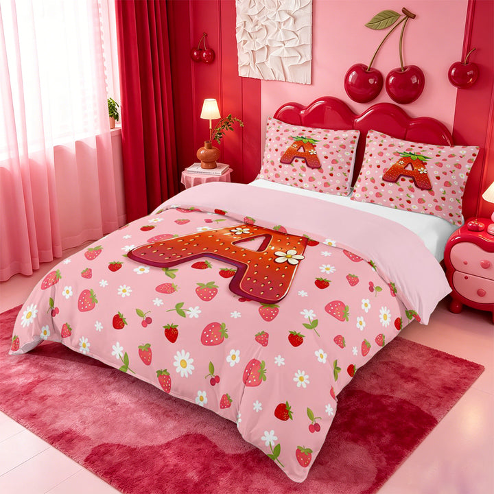meiyoeat Strawberry Floral Monogram A Bedding,3D Cartoon Cute Fruit Duvet Cover Full For Girl,Pink Reversible,3pcs,1 Duvet Cover and 2 Pillowcases