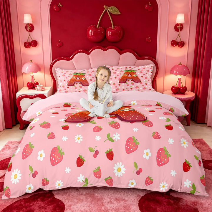 meiyoeat Strawberry Floral Monogram A Bedding,3D Cartoon Cute Fruit Duvet Cover Full For Girl,Pink Reversible,3pcs,1 Duvet Cover and 2 Pillowcases
