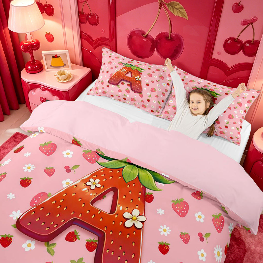 meiyoeat Strawberry Floral Monogram A Bedding,3D Cartoon Cute Fruit Duvet Cover Full For Girl,Pink Reversible,3pcs,1 Duvet Cover and 2 Pillowcases