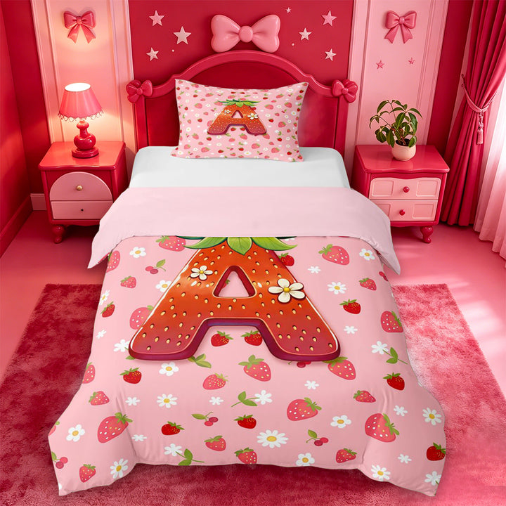 meiyoeat Strawberry Floral Monogram A Bedding,3D Cartoon Cute Fruit Duvet Cover Full For Girl,Pink Reversible,3pcs,1 Duvet Cover and 2 Pillowcases