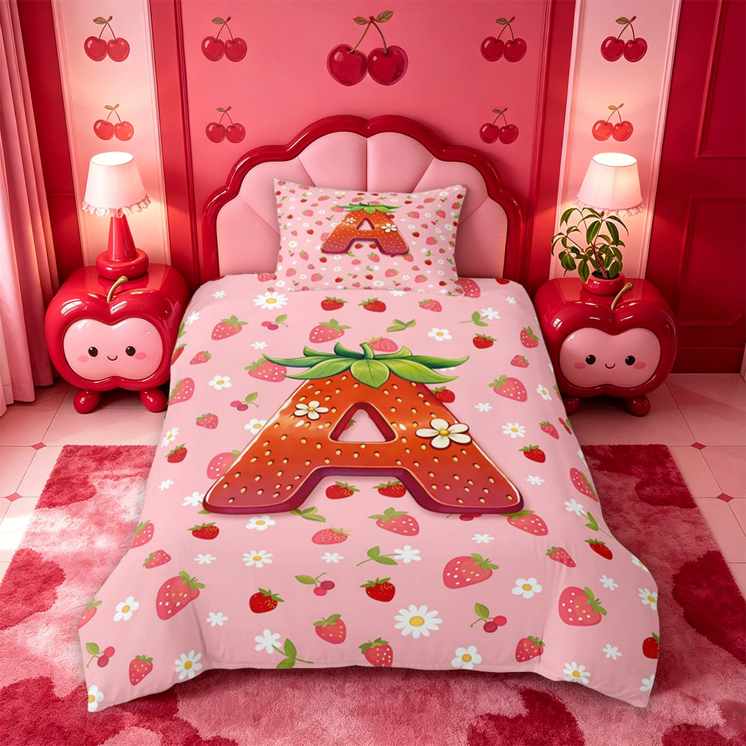 meiyoeat Strawberry Floral Monogram A Bedding,3D Cartoon Cute Fruit Duvet Cover Full For Girl,Pink Reversible,3pcs,1 Duvet Cover and 2 Pillowcases