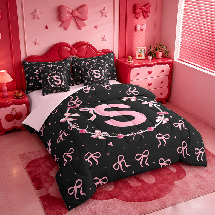 meiyoeat Coquette Bowknot Monogram S 7 Pieces Full Size Bedding Sets,Pink Initial Design Full Size Bed in a Bag For Girl,Pink Reversible