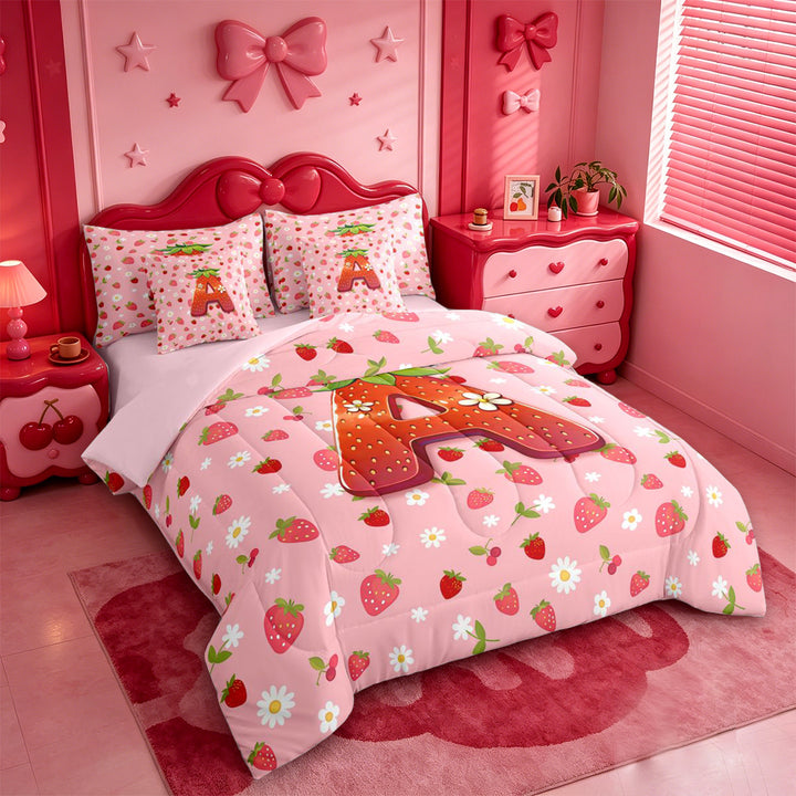 meiyoeat Strawberry Floral Monogram A 7 Pieces Full Size Bedding Sets,3D Cartoon Cute Fruit Full Size Bed in a Bag For Girl,Pink Reversible