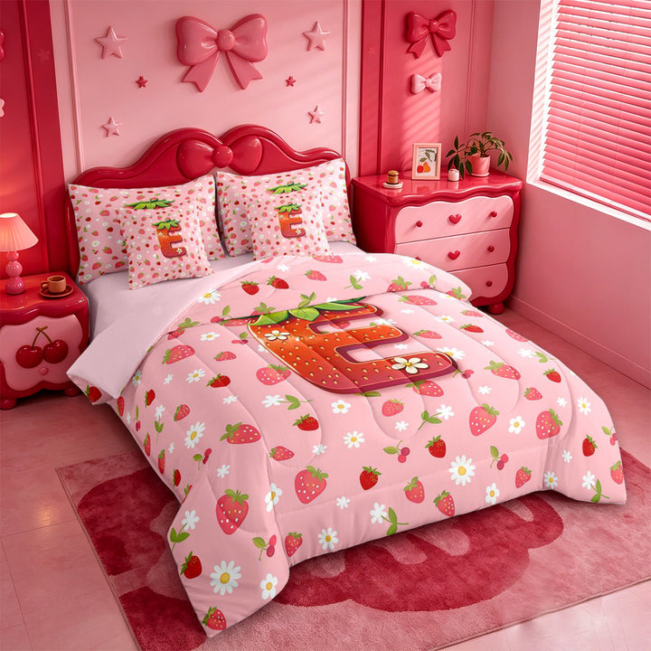 meiyoeat 3D Cartoon Monogram E 7 Pieces Full Size Bedding SetsPink Fruit Strawberry Full Size Bed in a Bag For Girl,Pink Reversible