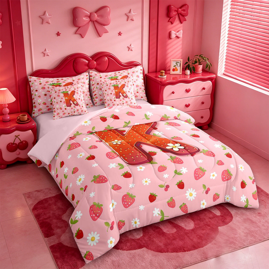 meiyoeat Cute Strawberry Daisy 7 Pieces Full Size Bedding Sets,Kids Personalized Initial Alphabet K Full Size Bed in a Bag For Girl,Pink Reversible