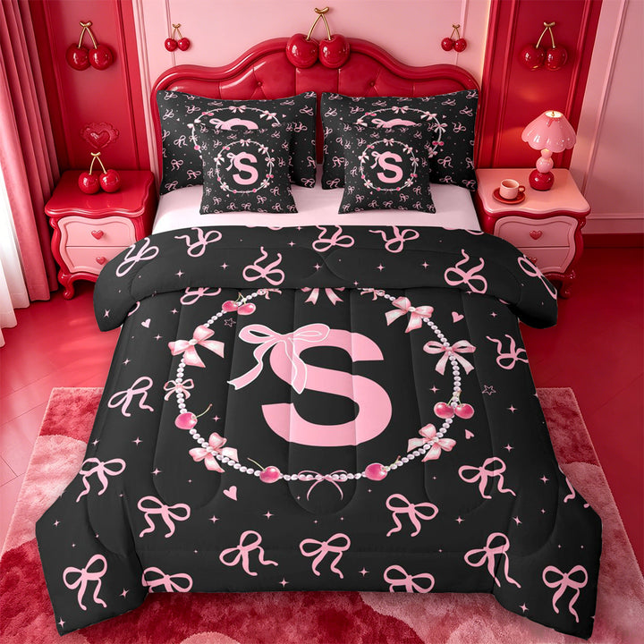 meiyoeat Coquette Bowknot Monogram S 7 Pieces Full Size Bedding Sets,Pink Initial Design Full Size Bed in a Bag For Girl,Pink Reversible