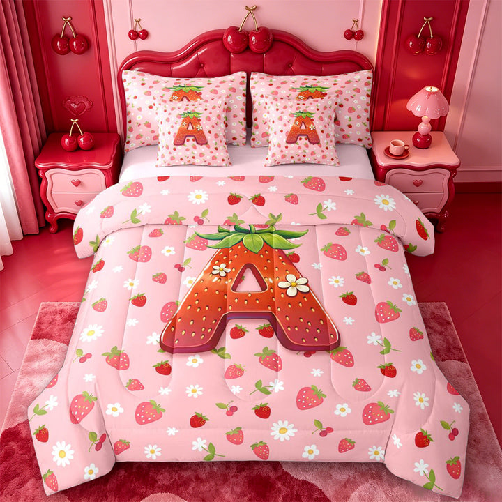 meiyoeat Strawberry Floral Monogram A 7 Pieces Full Size Bedding Sets,3D Cartoon Cute Fruit Full Size Bed in a Bag For Girl,Pink Reversible