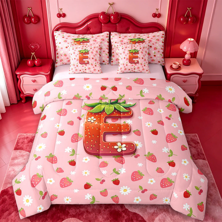 meiyoeat 3D Cartoon Monogram E 7 Pieces Full Size Bedding SetsPink Fruit Strawberry Full Size Bed in a Bag For Girl,Pink Reversible