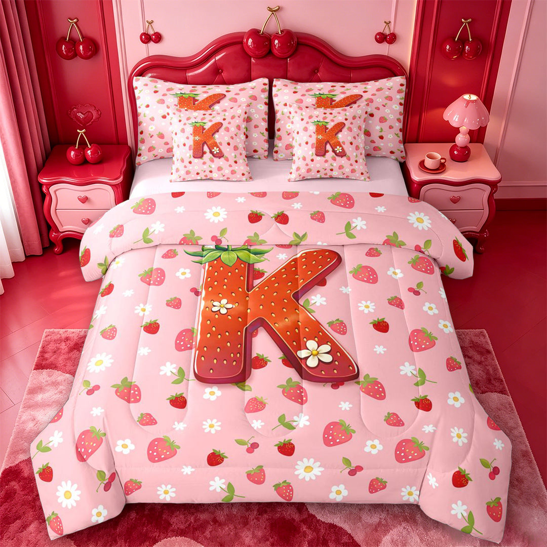 meiyoeat Cute Strawberry Daisy 7 Pieces Full Size Bedding Sets,Kids Personalized Initial Alphabet K Full Size Bed in a Bag For Girl,Pink Reversible
