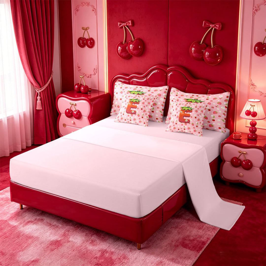 meiyoeat 3D Cartoon Monogram E 7 Pieces Full Size Bedding SetsPink Fruit Strawberry Full Size Bed in a Bag For Girl,Pink Reversible