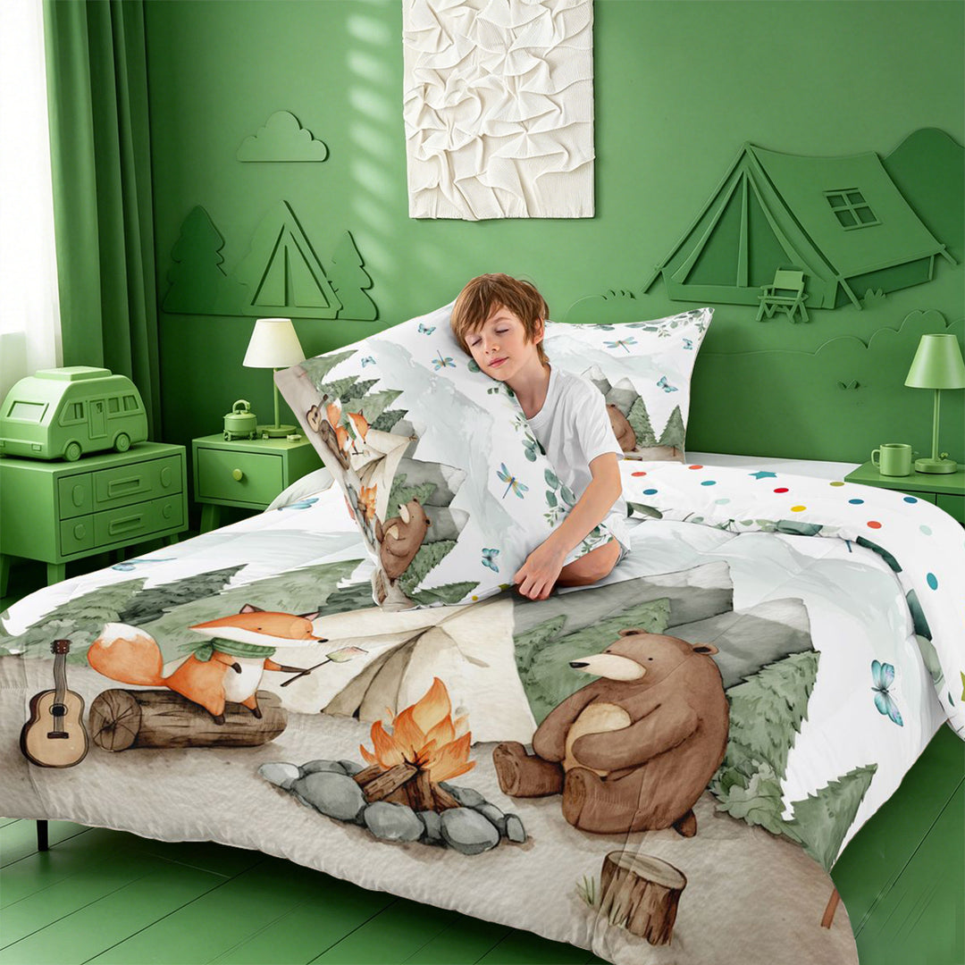 meiyoeat Watercolor Camping Full Size Comforter Sets For Boys,Fox Tent Print Bedding Comforter Set,Polkadot Reversible,3-Piece,1 Comforter and 2 Pillowcases