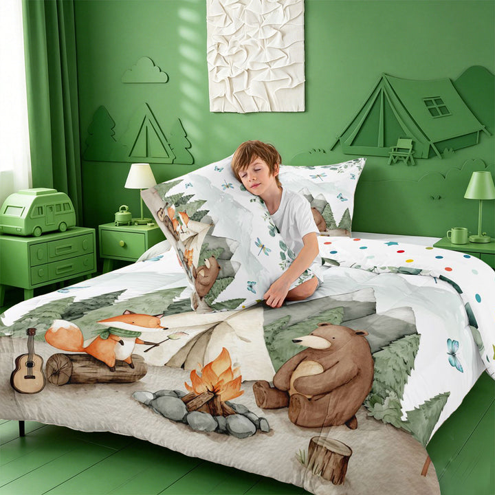 meiyoeat Watercolor Camping Full Size Comforter Sets For Boys,Fox Tent Print Bedding Comforter Set,Polkadot Reversible,3-Piece,1 Comforter and 2 Pillowcases