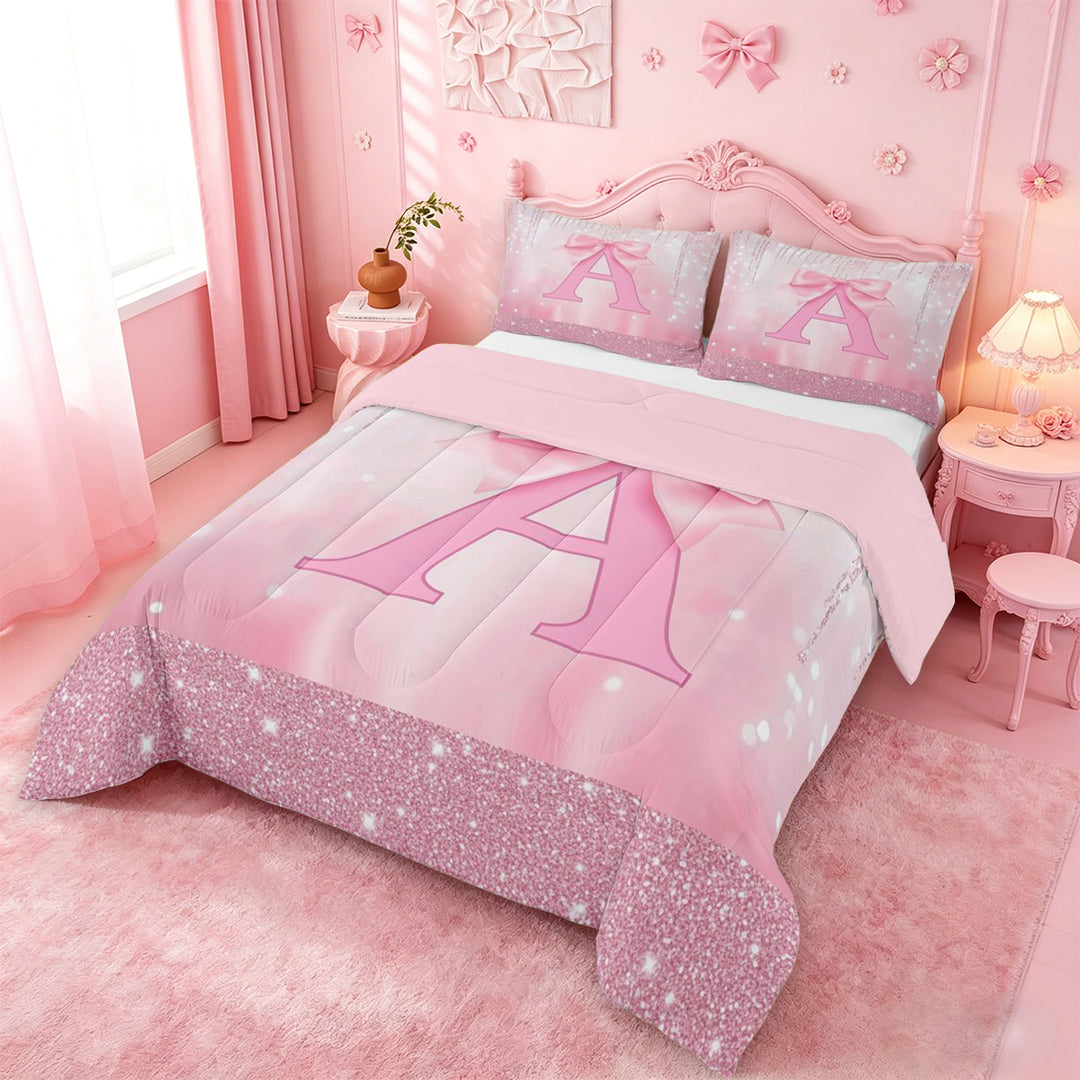 meiyoeat Pink Cute Bowknot Full Size Comforter Sets For Girls,Chic Sparkling Print Monogrammed A Bedding Comforter Set For Kids,Pink Reversible,3-Piece