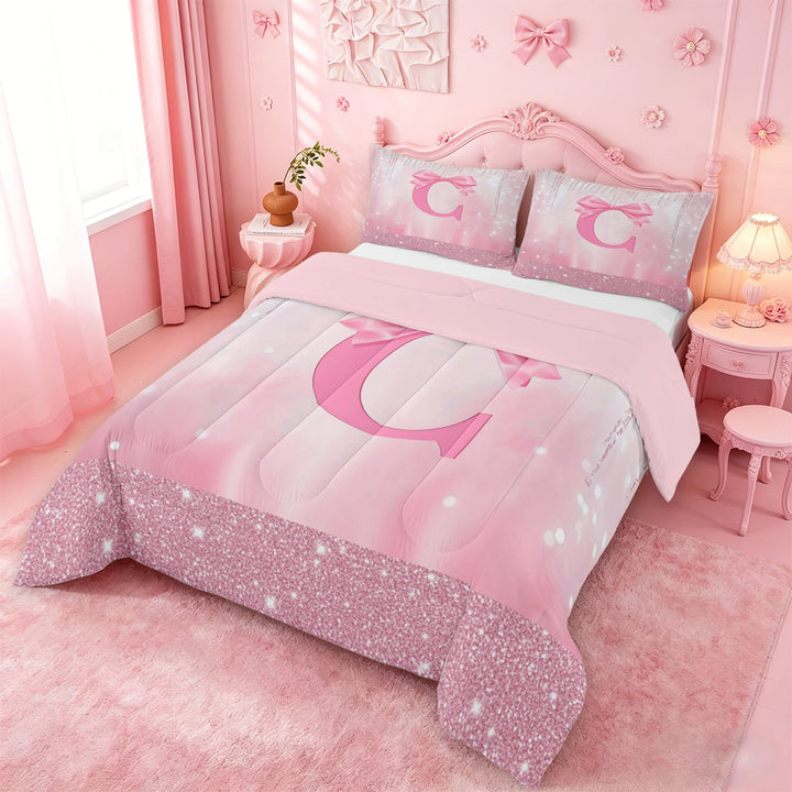 meiyoeat Girls Personalized Bow Gifts Full Size Comforter Sets For Kids,Pink Bowknot Letter Print C Bedding Comforter Set For Bow Lovers,Pink Reversible,3pcs