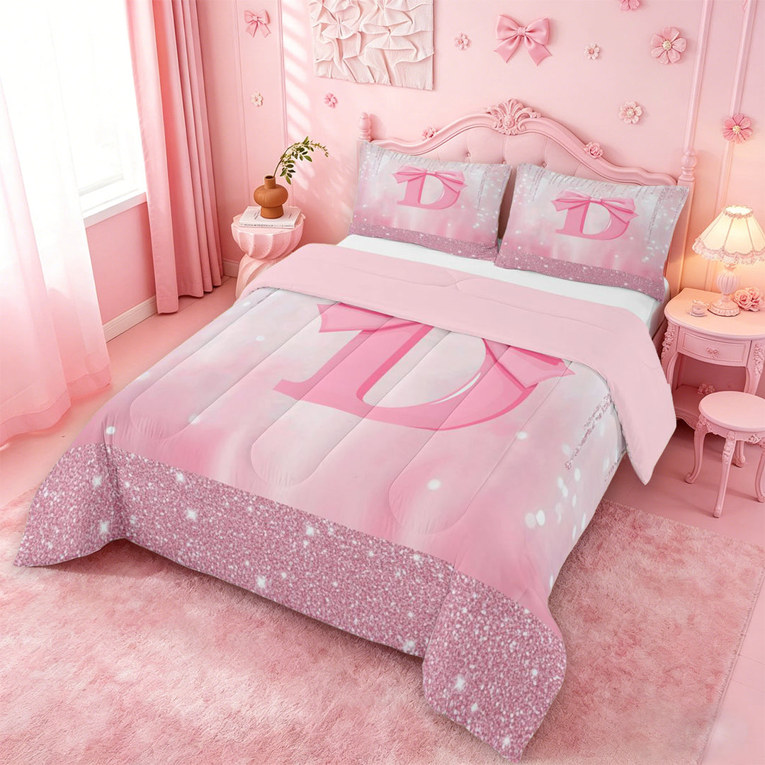meiyoeat Pink Bow Initial Letter D Full Size Comforter Sets For Girls,Dreamy Princess Style Bedding Comforter Set For Kids,Pink Reversible,3-Piece