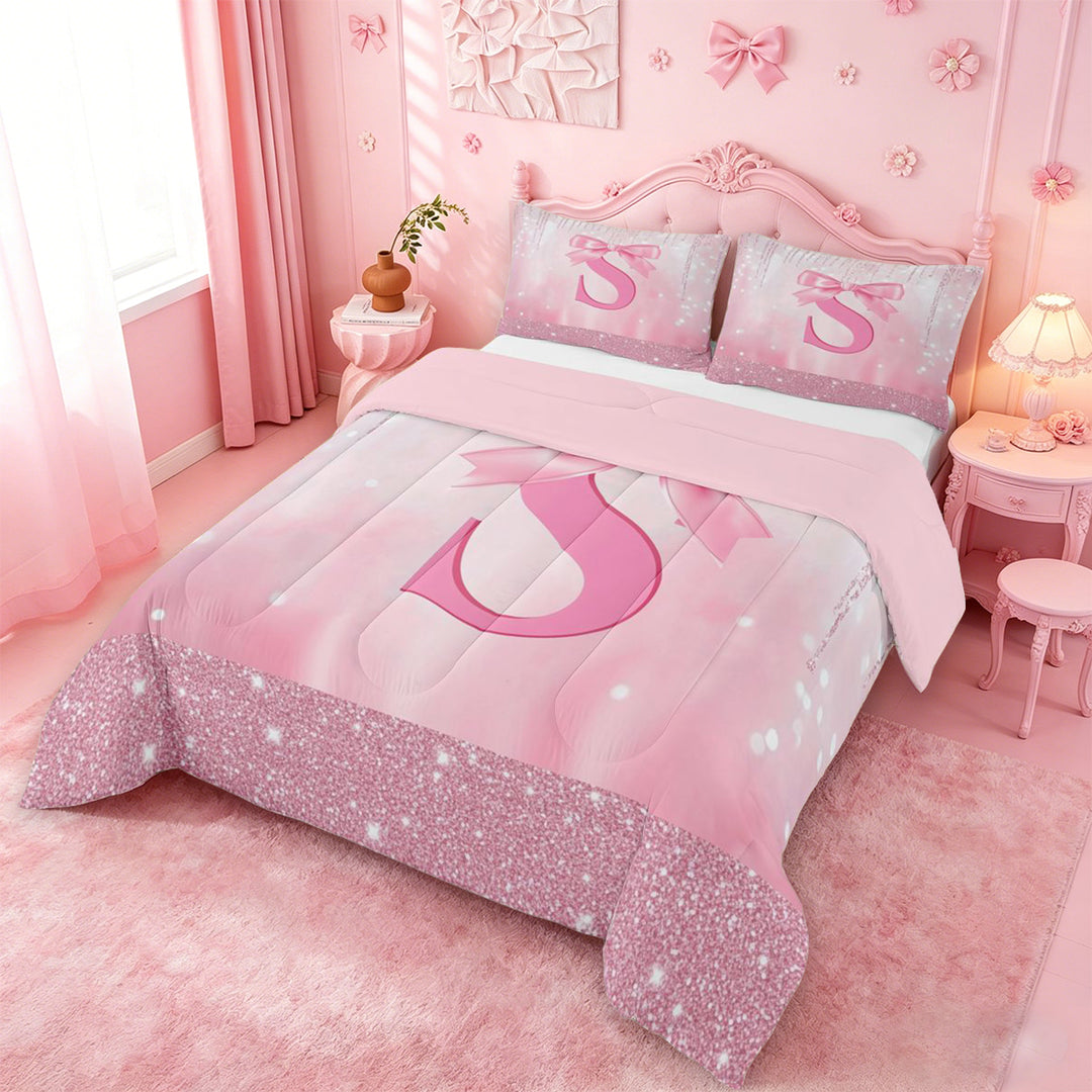 meiyoeat Girly Coquette Bow Full Size Comforter Sets For Kids,Pink Sequin Alphabet Print S Bedding Comforter Set For Bowtie Lovers,Pink Reversible,3-Piece
