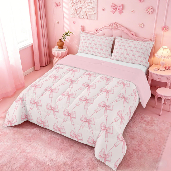 meiyoeat Pink Coquette Bows Full Size Comforter Sets For Girls,Dreamy Princess Bowknot Bedding Comforter Set For Kids,Pink Reversible,3-Piece