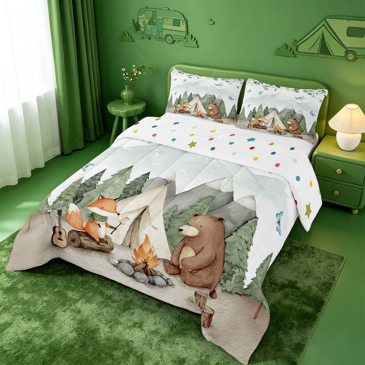 meiyoeat Watercolor Camping Full Size Comforter Sets For Boys,Fox Tent Print Bedding Comforter Set,Polkadot Reversible,3-Piece,1 Comforter and 2 Pillowcases