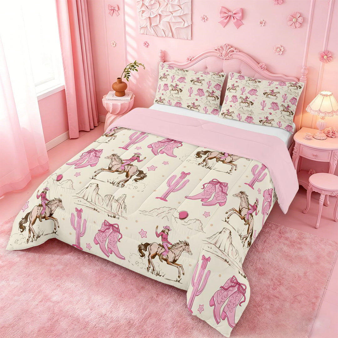 meiyoeat Retro Western Cowgirl Full Size Comforter Sets For Kids, Pink Vintage Cowboy Boots Bedding Comforter Set For Girls,Pink Reversible,3-Piece