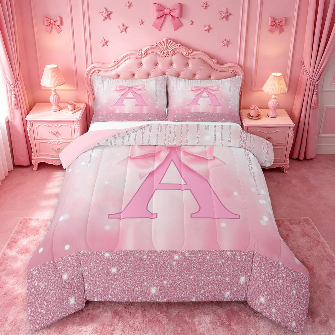 meiyoeat Pink Cute Bowknot Full Size Comforter Sets For Girls,Chic Sparkling Print Monogrammed A Bedding Comforter Set For Kids,Pink Reversible,3-Piece