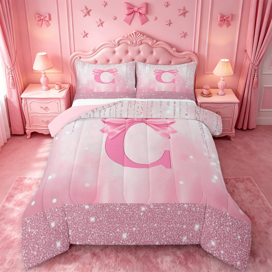 meiyoeat Girls Personalized Bow Gifts Full Size Comforter Sets For Kids,Pink Bowknot Letter Print C Bedding Comforter Set For Bow Lovers,Pink Reversible,3pcs
