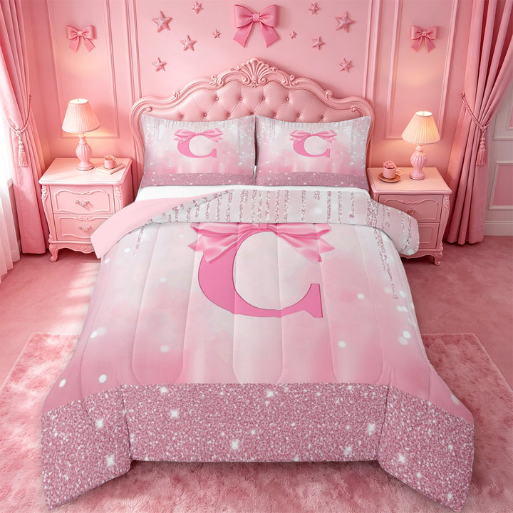 meiyoeat Girls Personalized Bow Gifts Full Size Comforter Sets For Kids,Pink Bowknot Letter Print C Bedding Comforter Set For Bow Lovers,Pink Reversible,3pcs