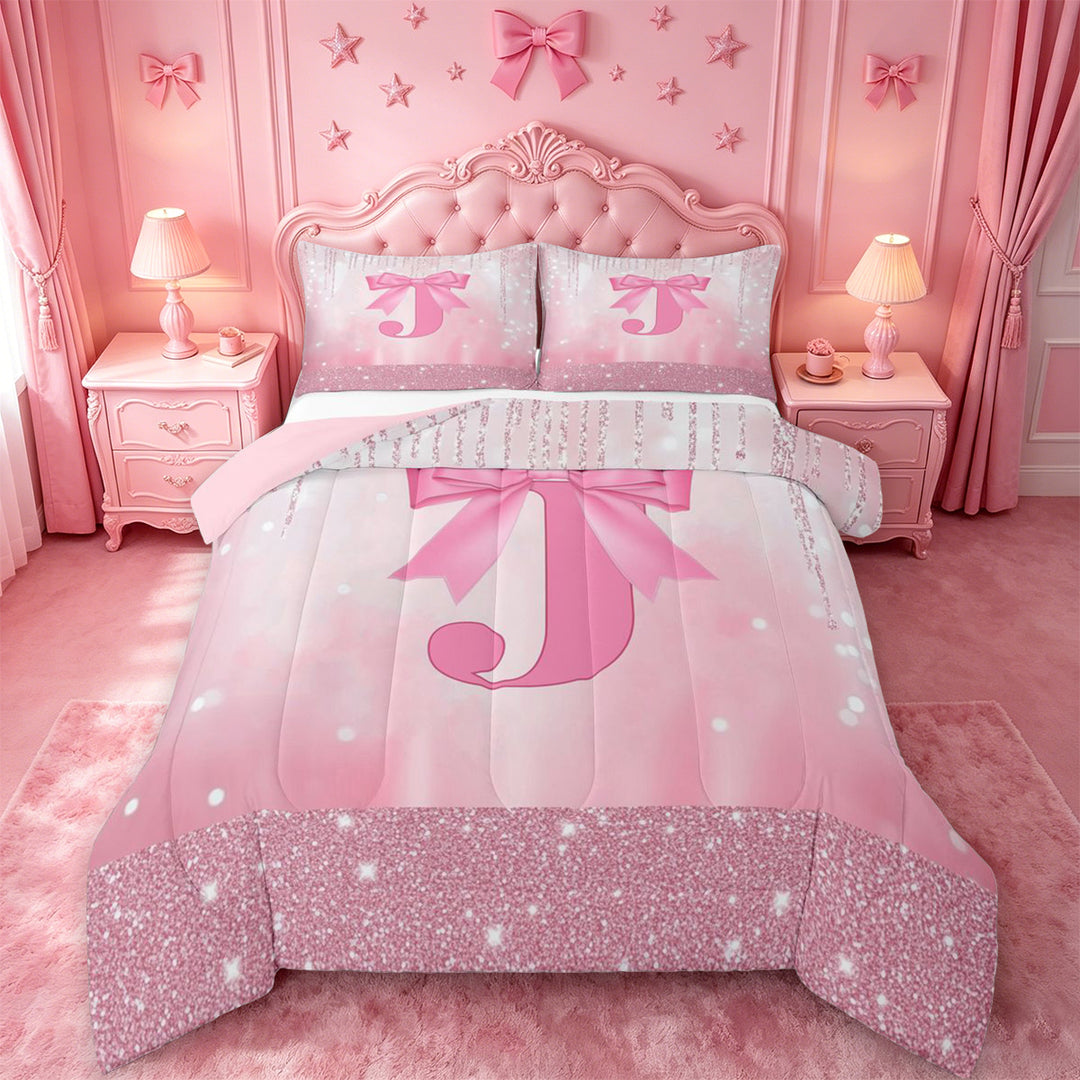 meiyoeat Kawaii Bowtie Alphabet J Full Size Comforter Sets For Kids,3D Pink Initial Letter Print Bedding Comforter Set For Girls,Pink Reversible,3-Piece