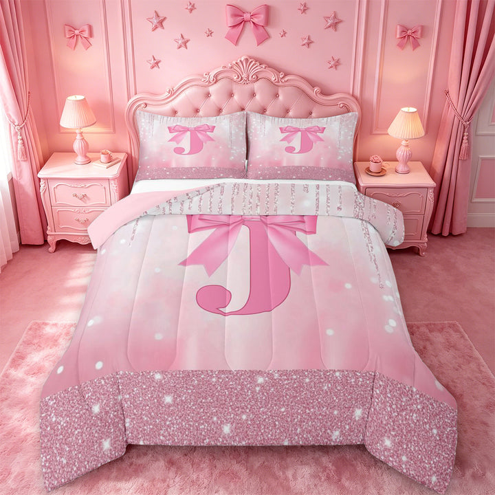 meiyoeat Kawaii Bowtie Alphabet J Full Size Comforter Sets For Kids,3D Pink Initial Letter Print Bedding Comforter Set For Girls,Pink Reversible,3-Piece